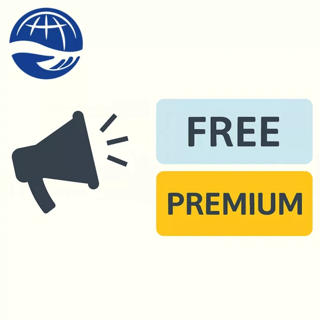 تصویر یک بلندگو تبلیغاتی در کنار دو برچسب Free و Premium، نماد بستر تبلیغاتی دو مرحلهای آسان گزین